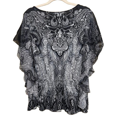 Style & Co. Batwing Chiffon Sleeve Top XL Black Gray Paisley Boho Whimsigoth