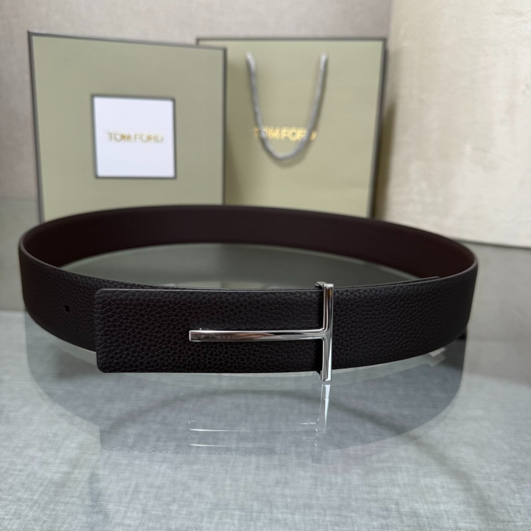 Tom Ford Belt Reversible T-Buckle Black/Brown Calfskin Leather Belt