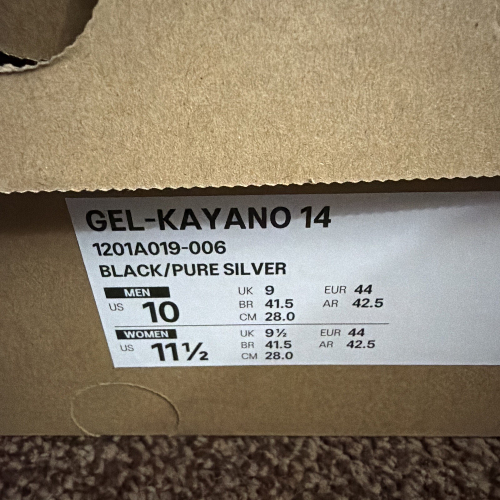 ASICS Gel-Kayano 14 Black Pure Silver 1201A019-006 Men’s Size 10