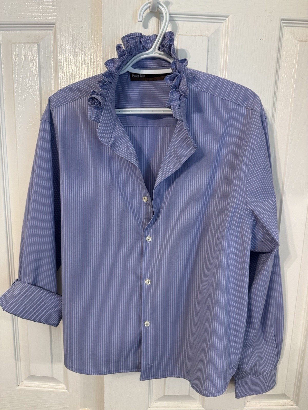 Ruffle Collar Shirt In Purple And White Pin Stripe