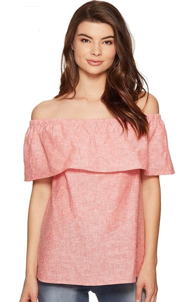 KENSIE NEW Linen Cotton Off Shoulder Summer Tunic Top M Coral Pink Lightweight
