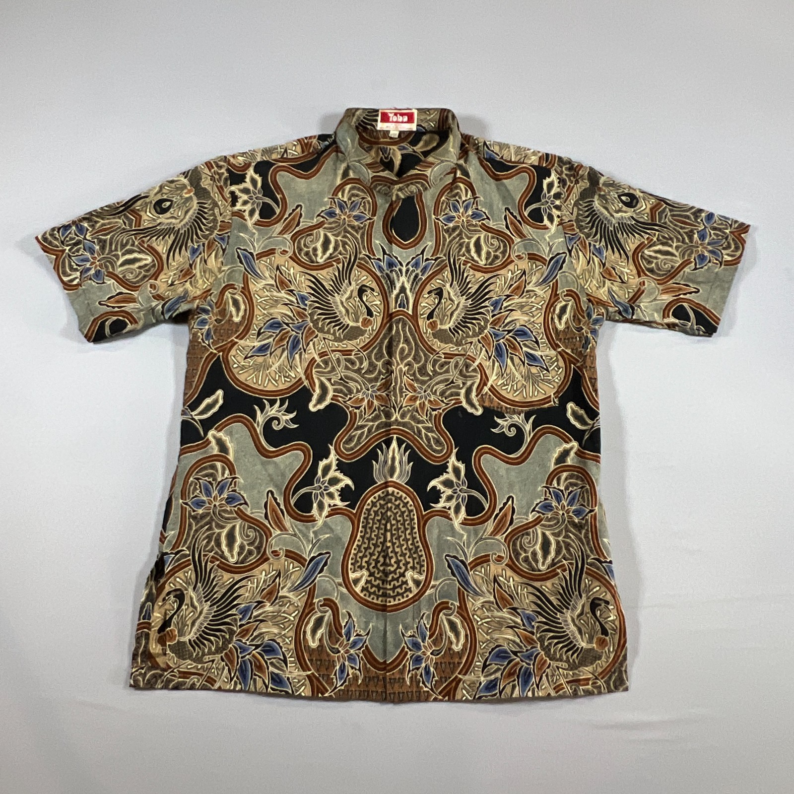 Vintage Toba By Sarinah Hawaiian Shirt Mens Large Multi Batik Peacock Button Up