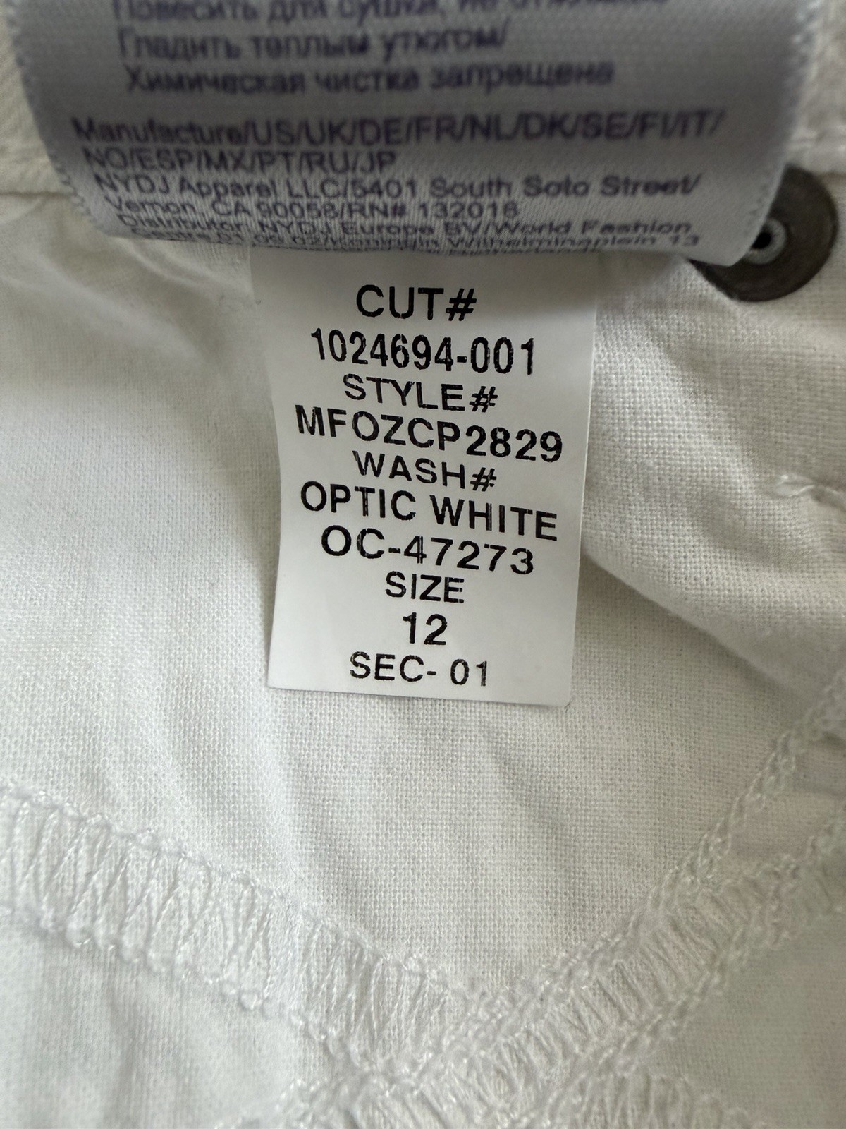 NYDJ Stretchy Optic White Cropped Cuffed Skinny Denim Jeans Size 12 34×24