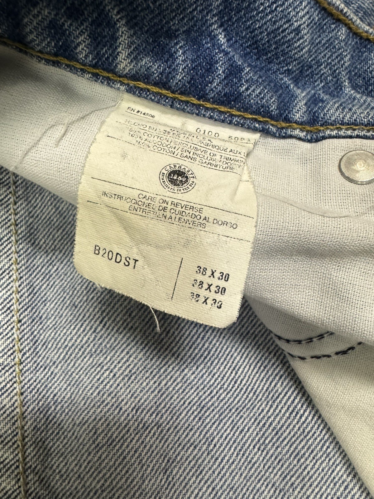 Vintage Carhartt B20DST Mens 38×30 Made in USA Relaxed Fit Straight Jeans Blue