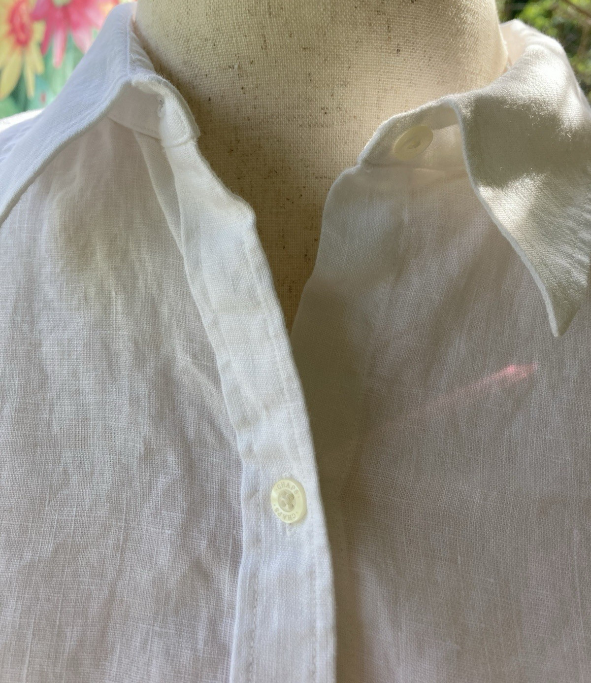 Chaps *Logo* White Button Up Collared Blouse 100% Linen SZ XL 3/4 Split Sleeve