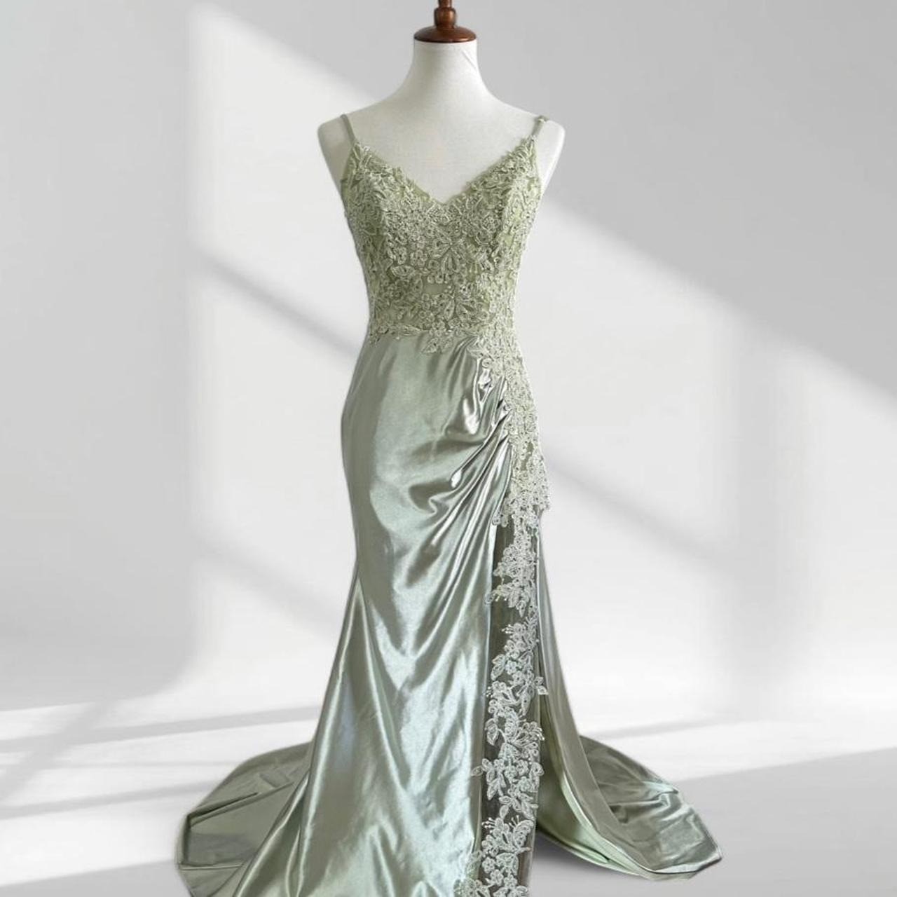 Sage Green Lace Applique Satin Mermaid Evening Gown Corset Back High Slit Size 6