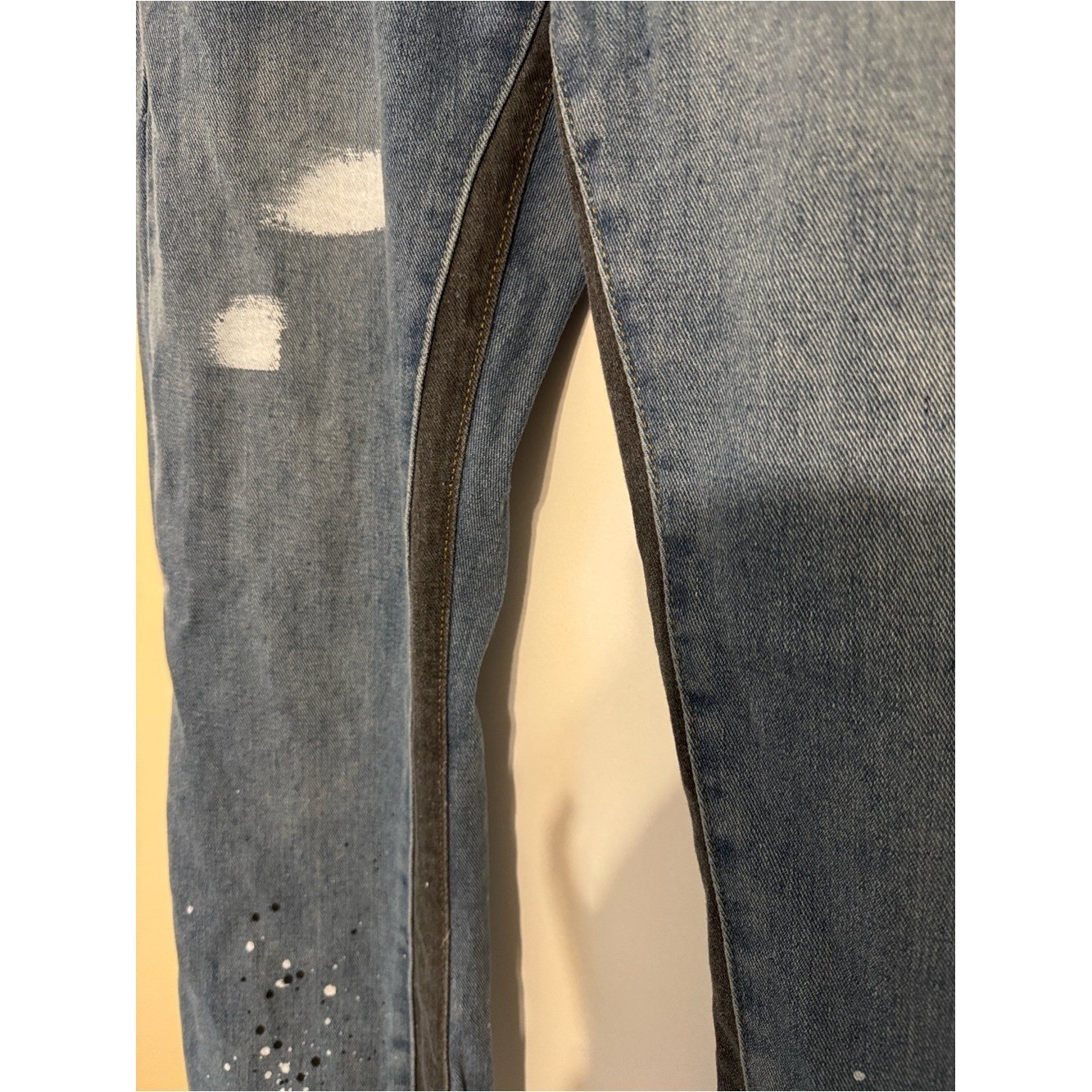 Gallery Dept Two-Tone Distressed Blue Flare Jeans with Embellished Hem