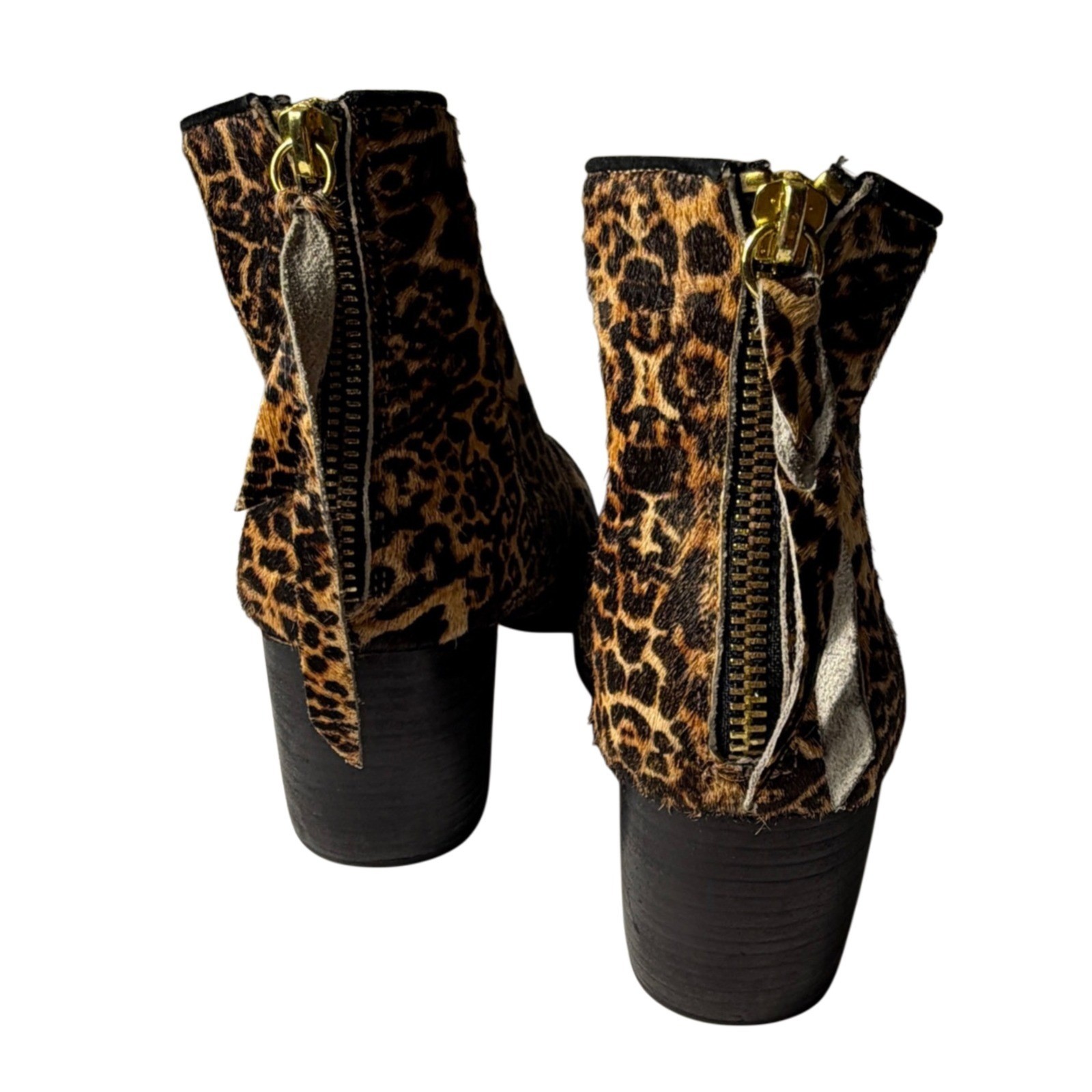 Cynthia Vincent Dane Leopard Boots Hair Calf Leather Ankle Bootie Block Heel 7M