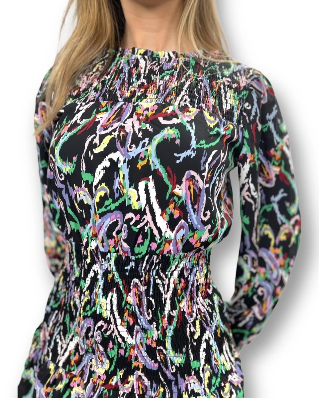 Colorful Abstract Print Tiered Maxi Dress Smocked Bodice Cottagecore – Size XL