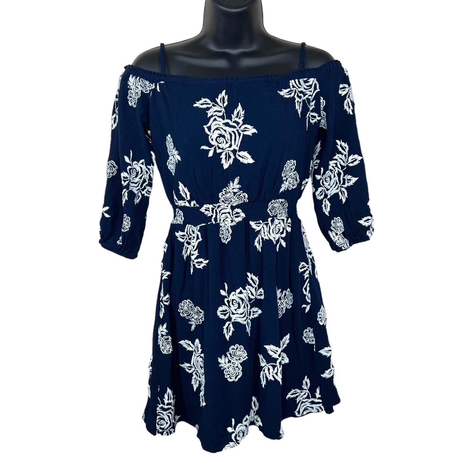 Small Dark Blue White Embroidered Floral Peasant Boho Dress Cold Shoulder