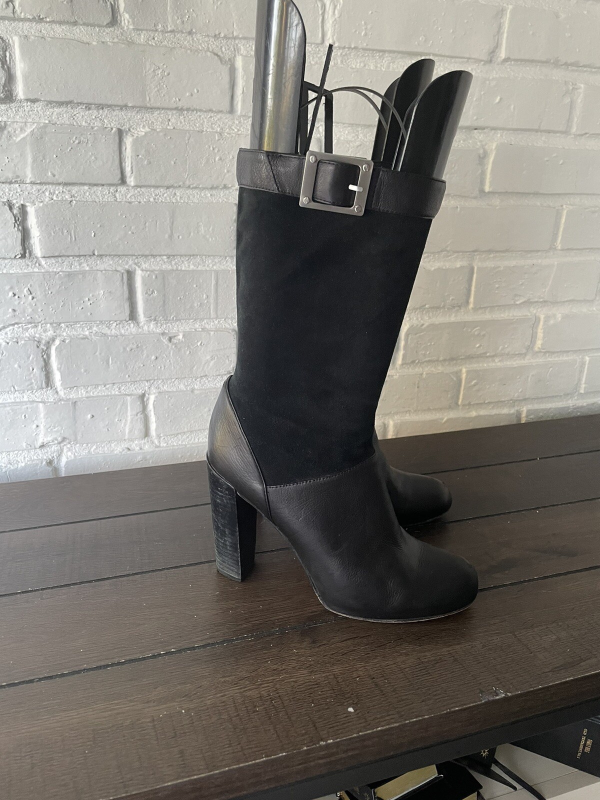 Rachel Zoe Claudia Women Leather Black Boots Sz 7.5 Block Heels Hidden Platform