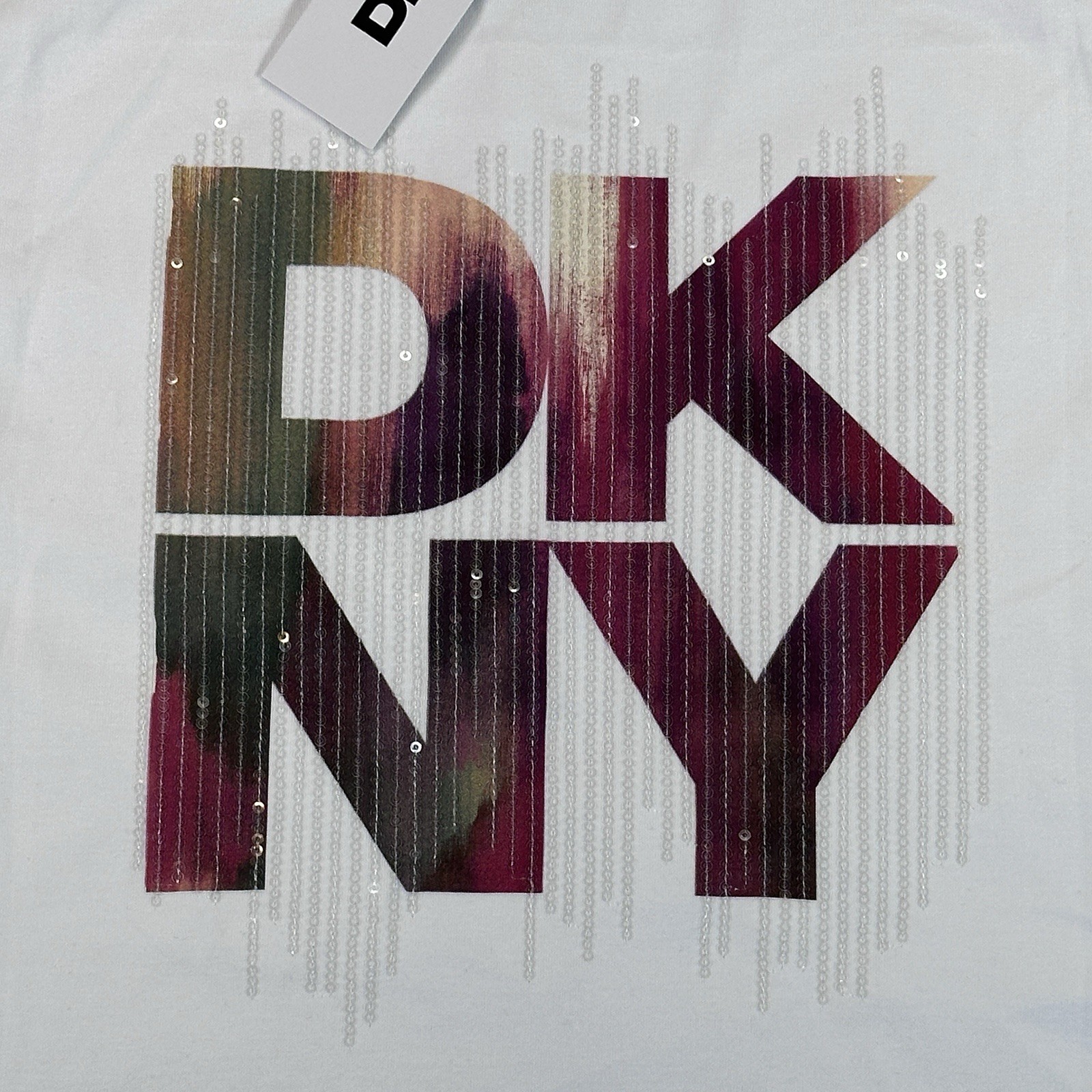 DKNY Women’s White Cityscape-Rhinestone Logo T-Shirt Short Sleeve Size X Large