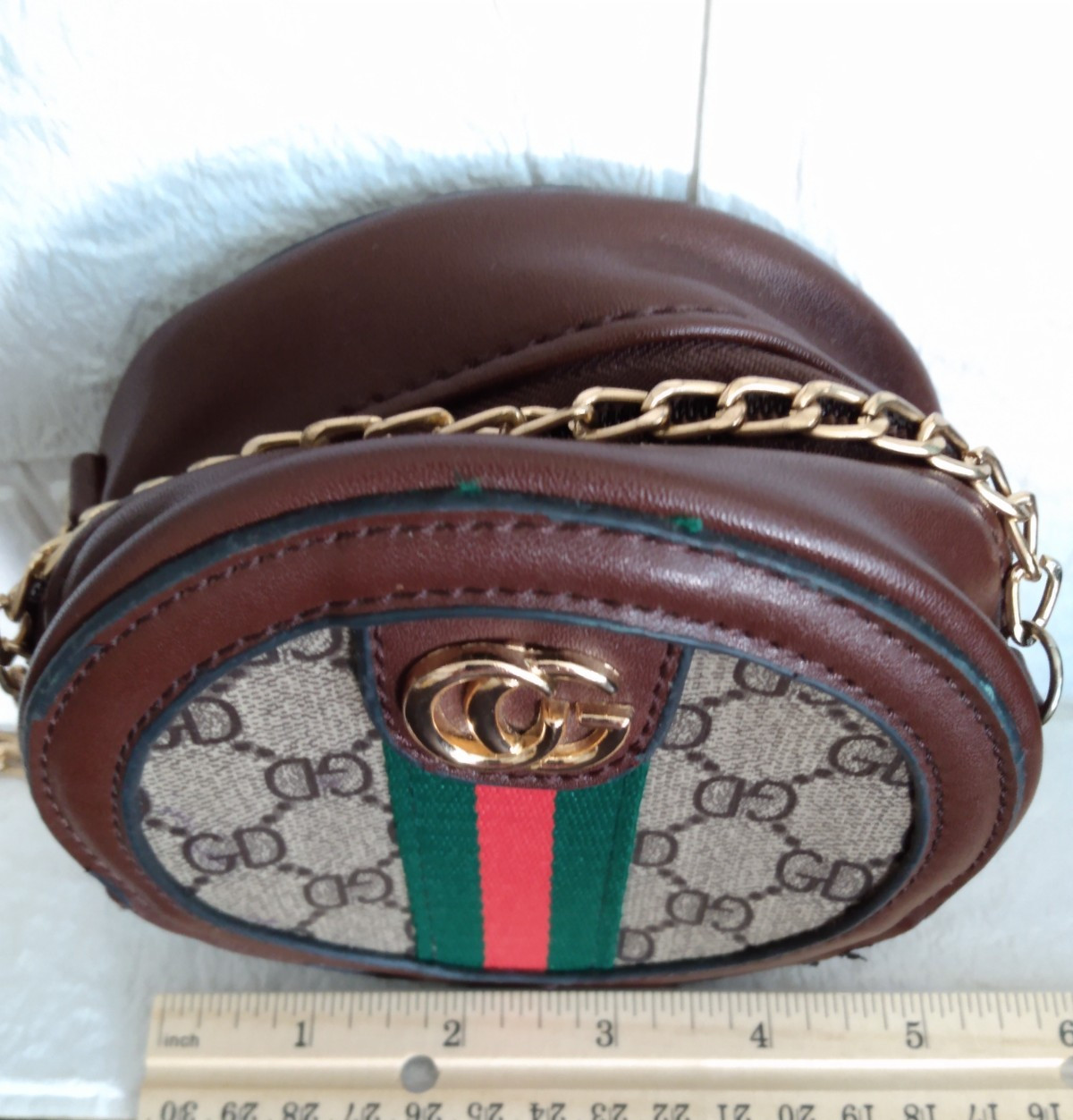 Round Mini Crossbody Bag Web Stripe Gold Hardware Long Chain Strap ~ New