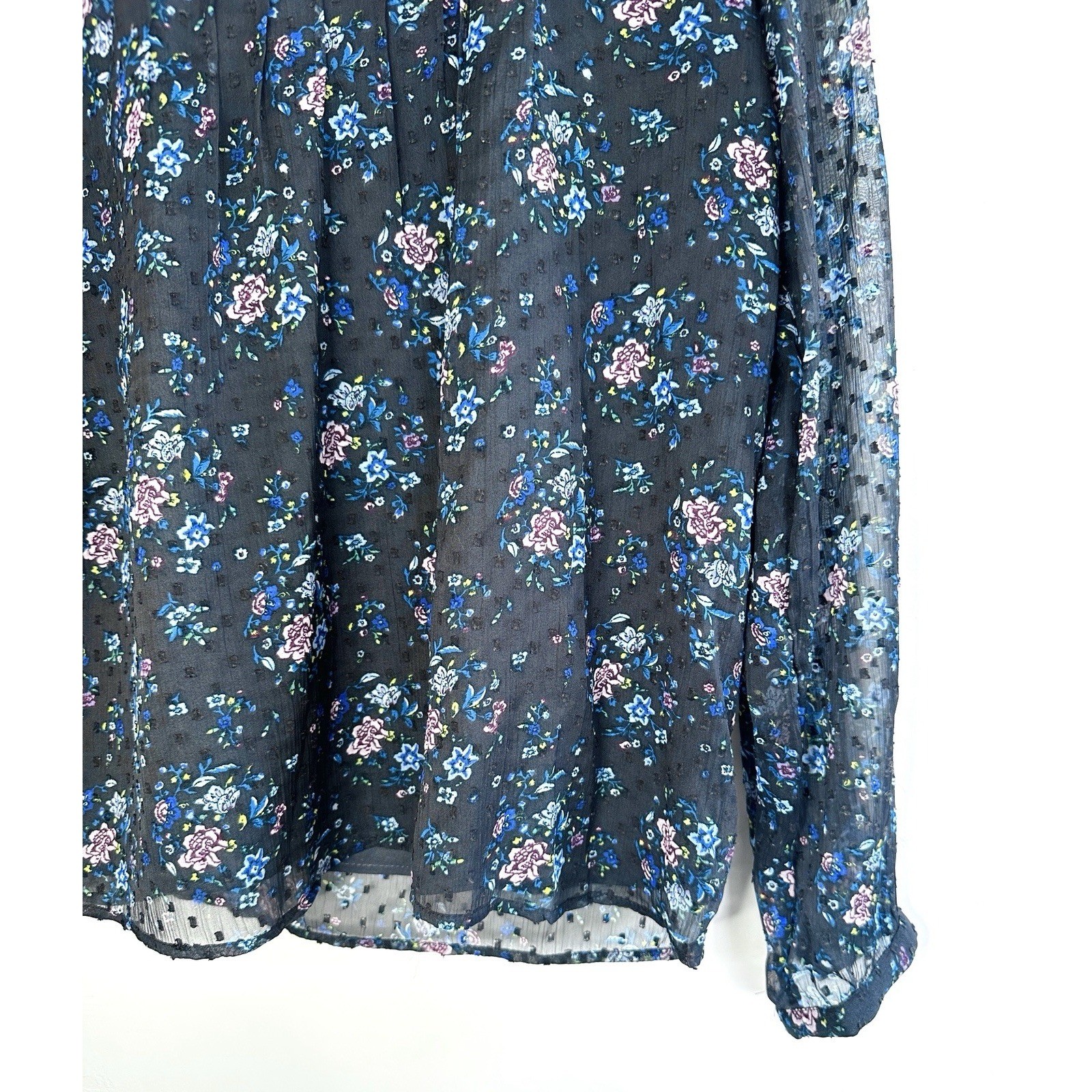 LOFT Floral Clip Dot Blouse Small Black Ruffle Neck Long Sleeve Sheer Cottage