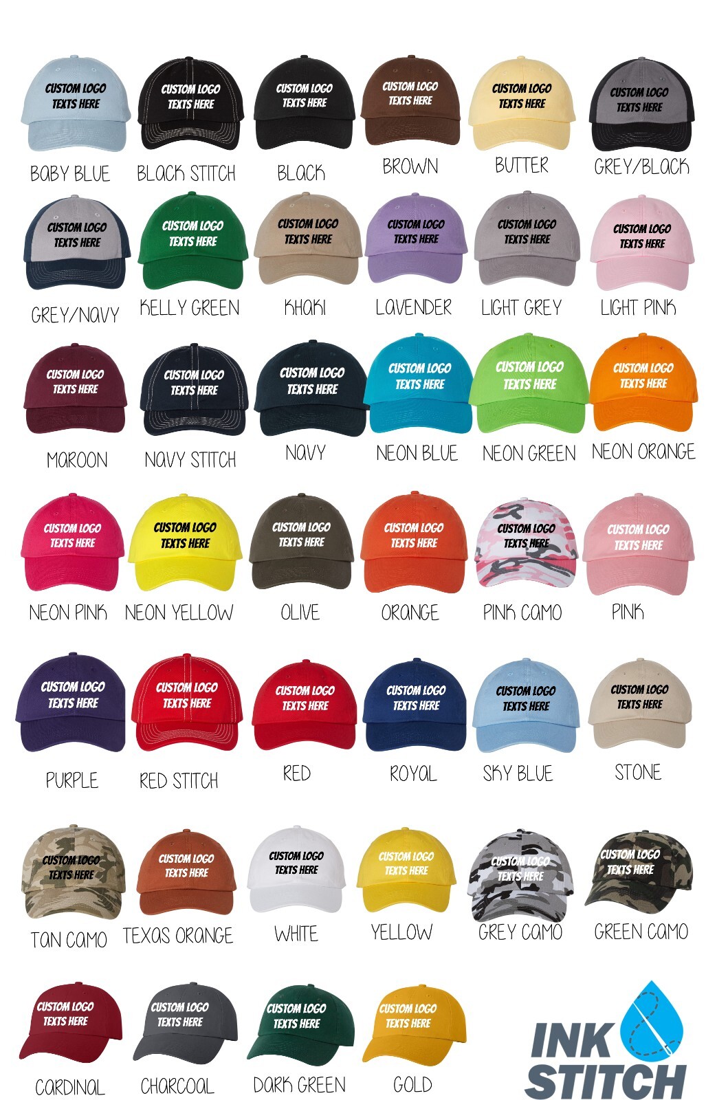 Ink Stitch Custom Logo Texts Stitching Logo Texts Cotton Bio-washed Dad Caps