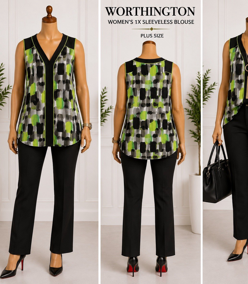 Worthing Womens 1X Sleeveless Blouse Green Black Abstract Print V Neck Career