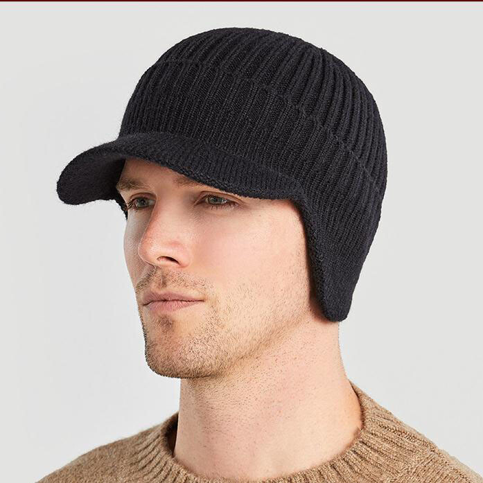 Men Women Knit Hat Winter Warm Stretch Beanie Ear Flaps Cap Outdoor Brim Ski Hat