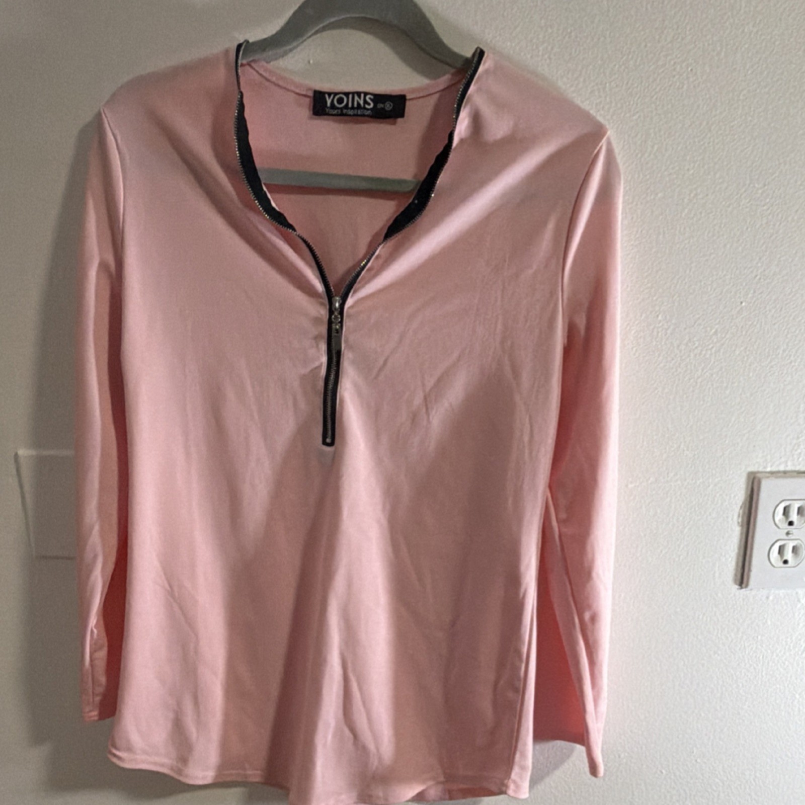 YOINS Women’s Pink Zip Front V-Neck Button Accent Long Sleeve Regular Top XL
