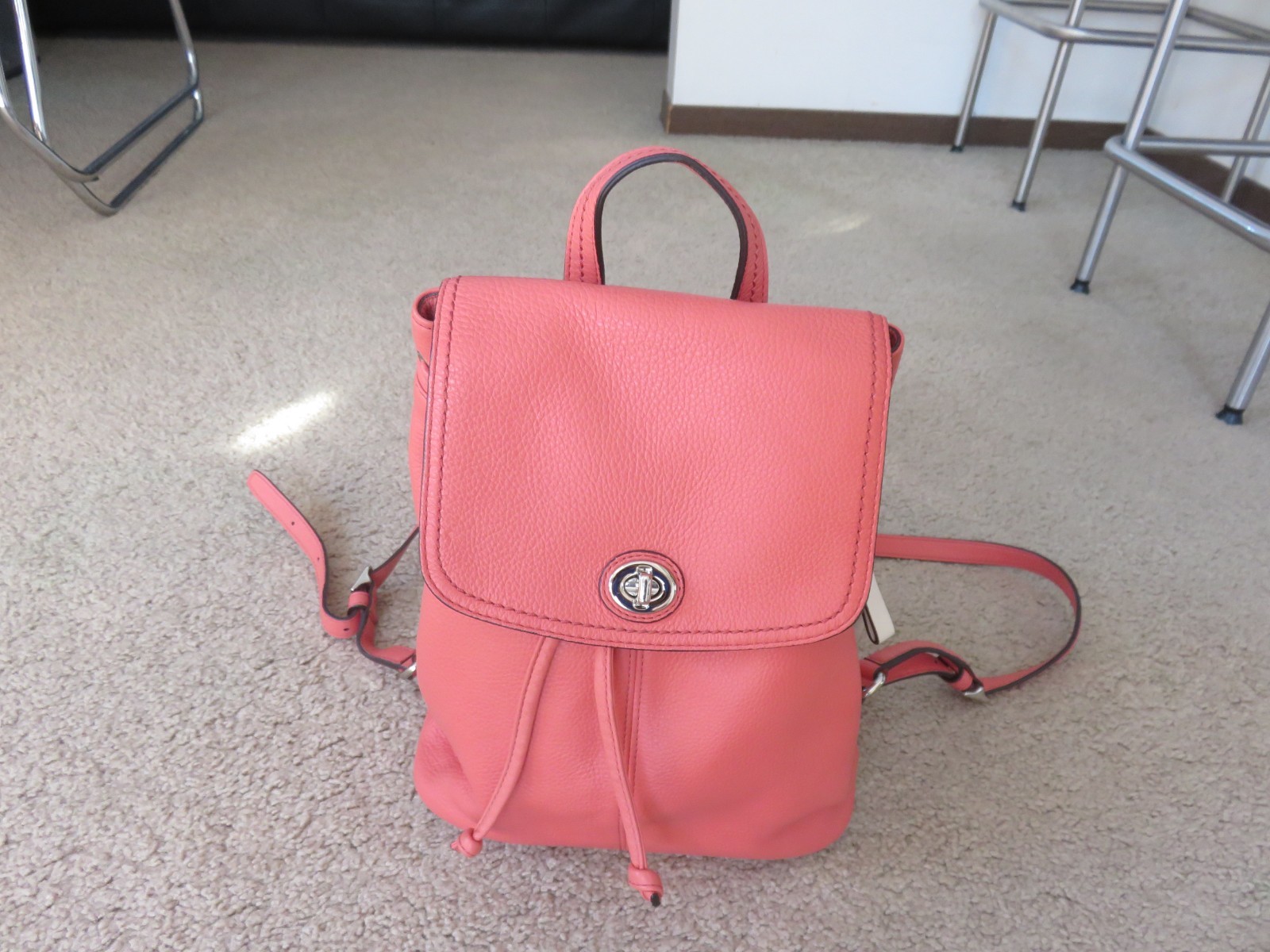 COACH Coral Red Leather Backpack With Turn Lock Drawstring Tags 24385