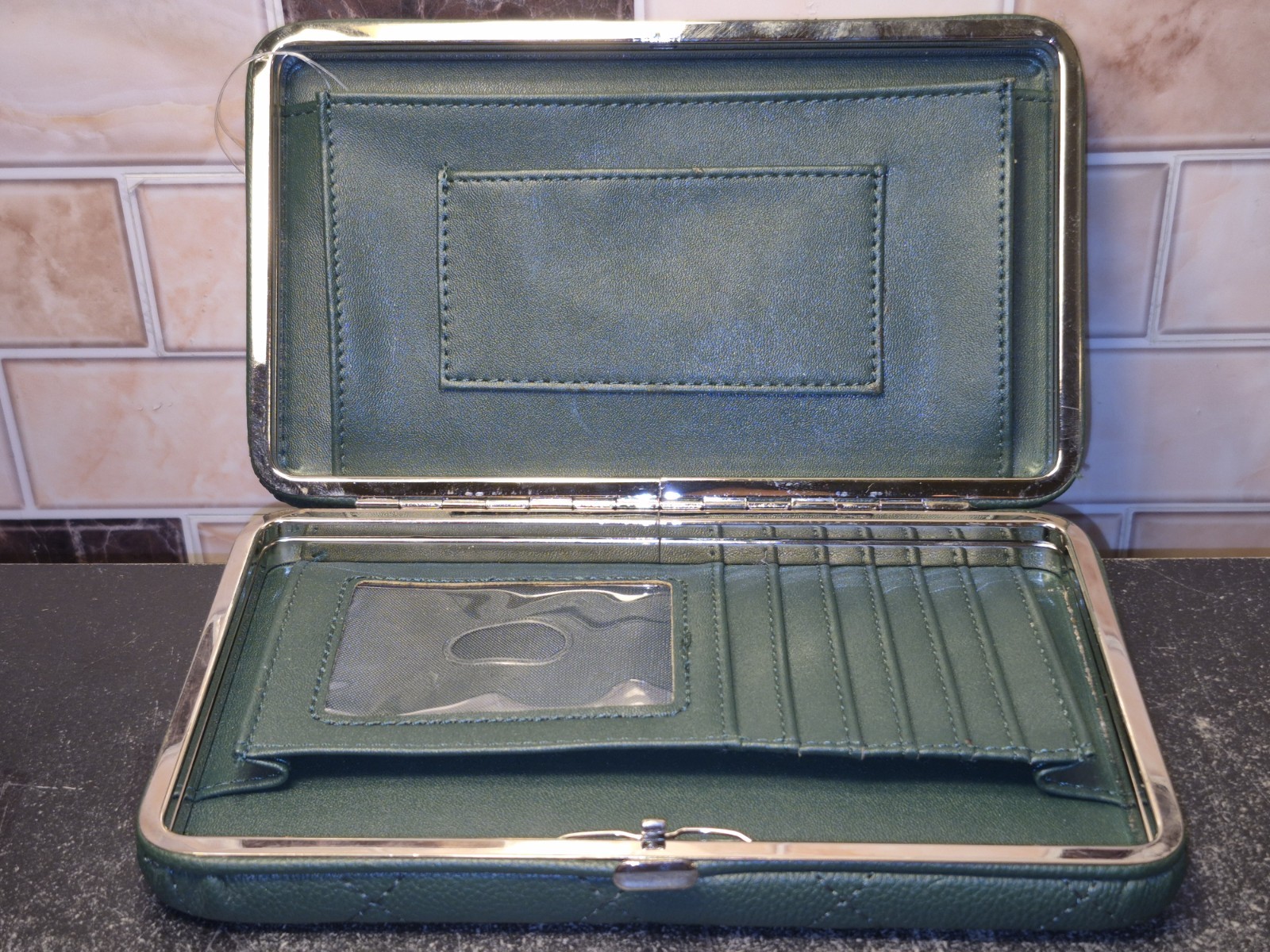 NWT Merona Green Quilted Womens Clutch Wallet 7.75″ X 4.5″ 2 Tiny Flaws