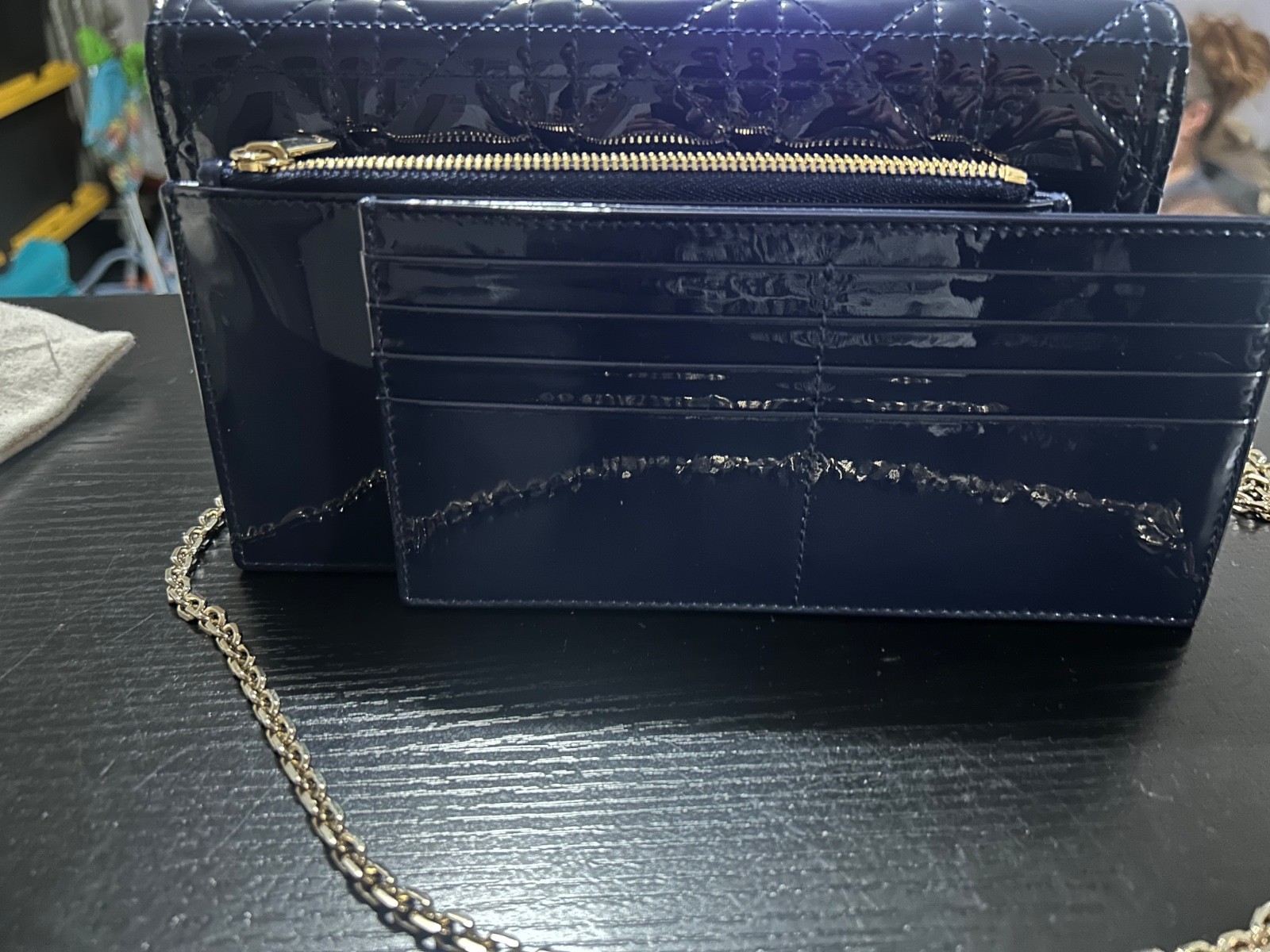 Christian Dior Lady Dior Cannage Patent Leather WOC Chain Bag Navy Blue
