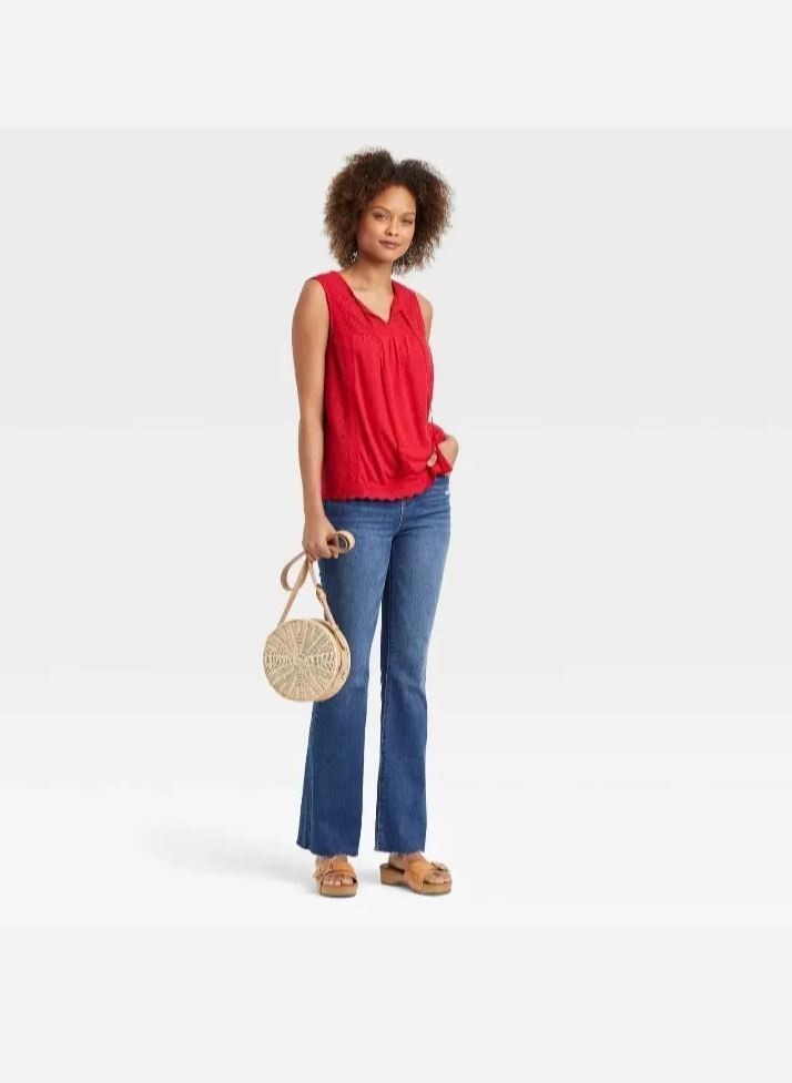 NWT Knox Rose Summer Top Rebel Red Eyelet Lace Rib Knit Boho Tassel Detail