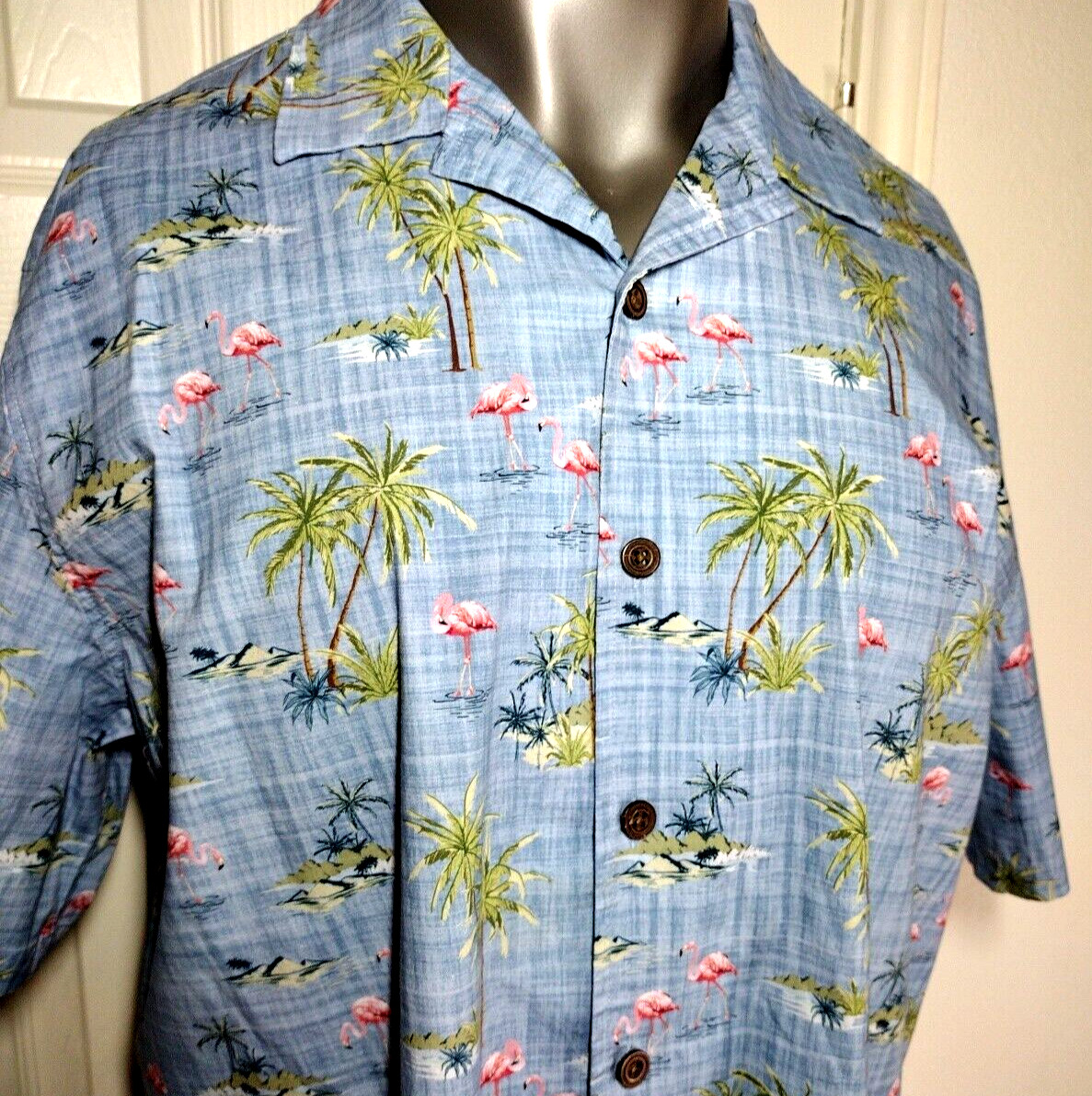 Men’s Tropical Caribbean Shirt Sz XL 97% Cotton 3% Spandex Flamingos Palm Trees