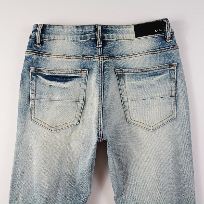 Men’s Slim Fit Stretch Denim Jeans with Paisley Patch Detail & Distressed Wash