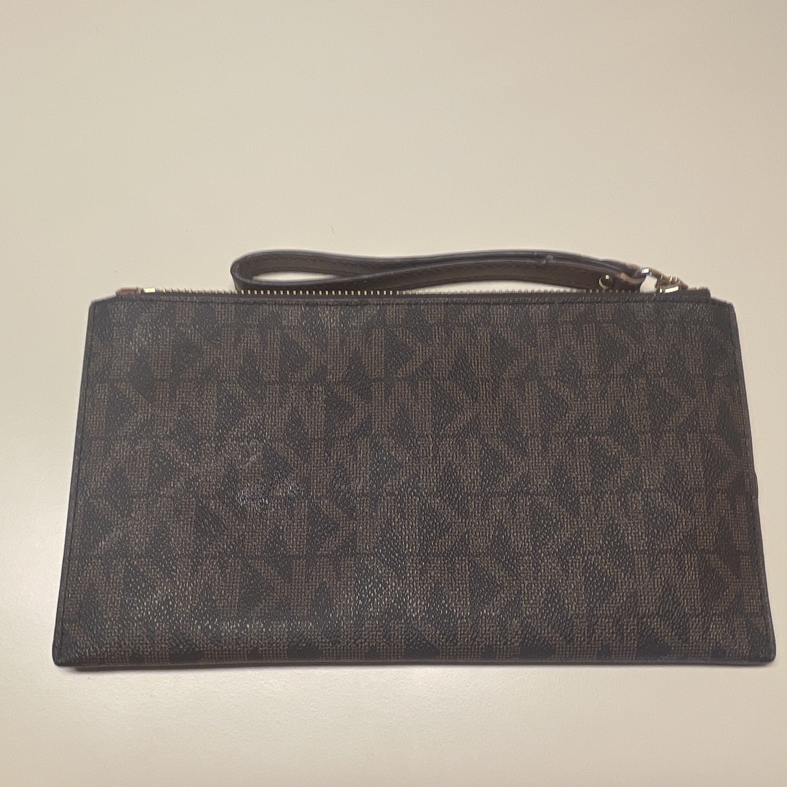 Michael Kors Brown Logo Zip Wristlet Wallet Pouch w/ Wrist Strap & Zipper