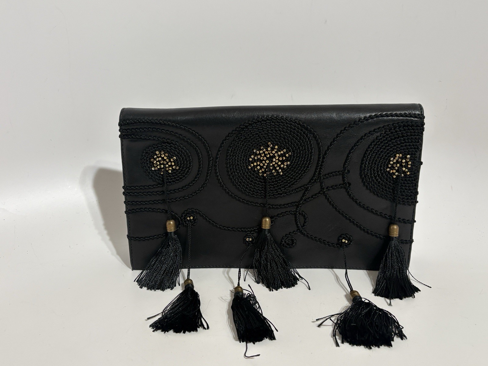 Vtg Gianni Versace 80s Black Leather Tassel Clutch Bag