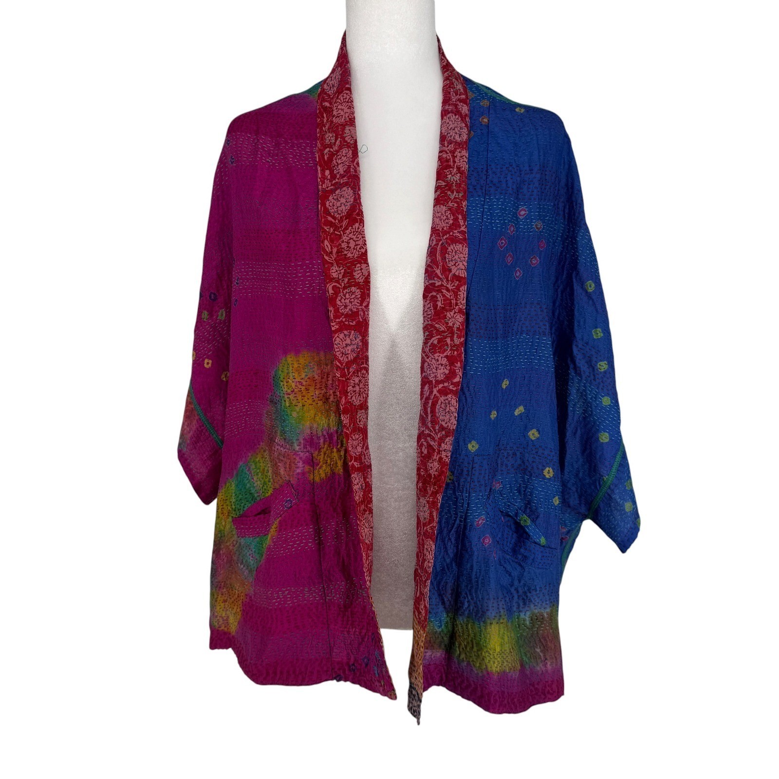 Mieko Mintz Reversible 100% Silk Kantha Jacket Red Blue Floral Bandhani OS India
