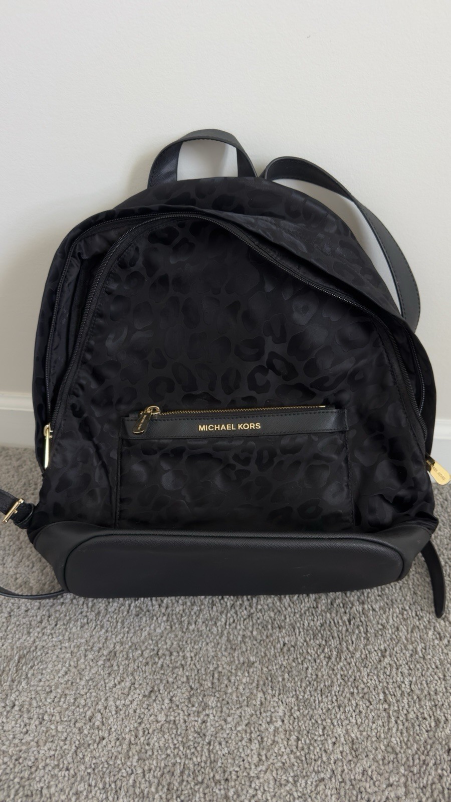 Michael Kors Black Animal Print Backpack Zip Closure Gold Hardware Inner Pockets