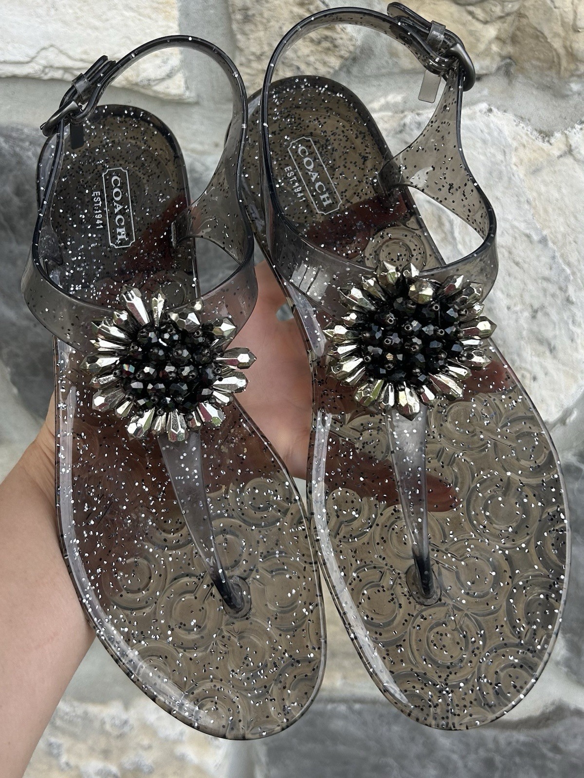 Coach Hilda Jelly Sandals Size 9 Black Embellished Glitter Designer Resortwear