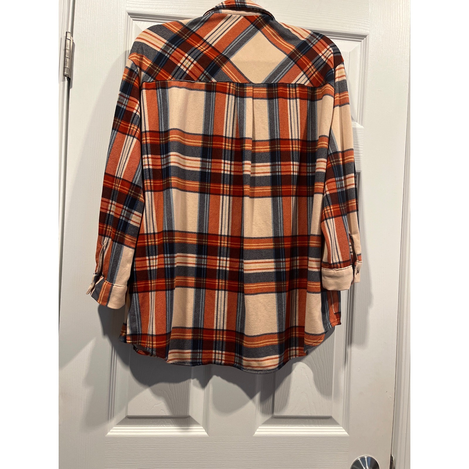 Eden And Olivia Orange Navy Blue Plaid Button Down Shirt Womens Large Size L