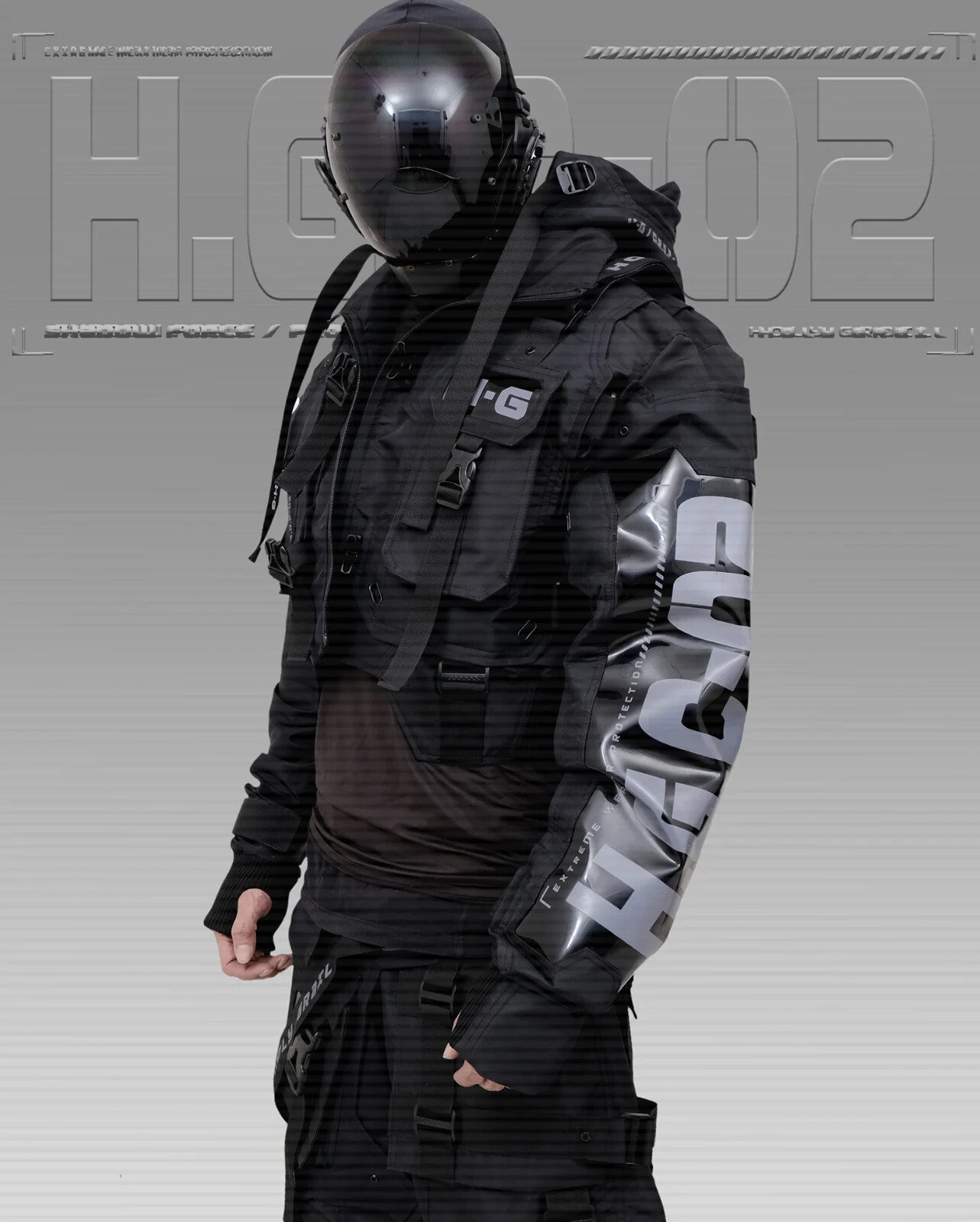 Men’s Techwear Black Jacket Hoodie Full Zip Buckle Holygrail H.G.C-02/BLK