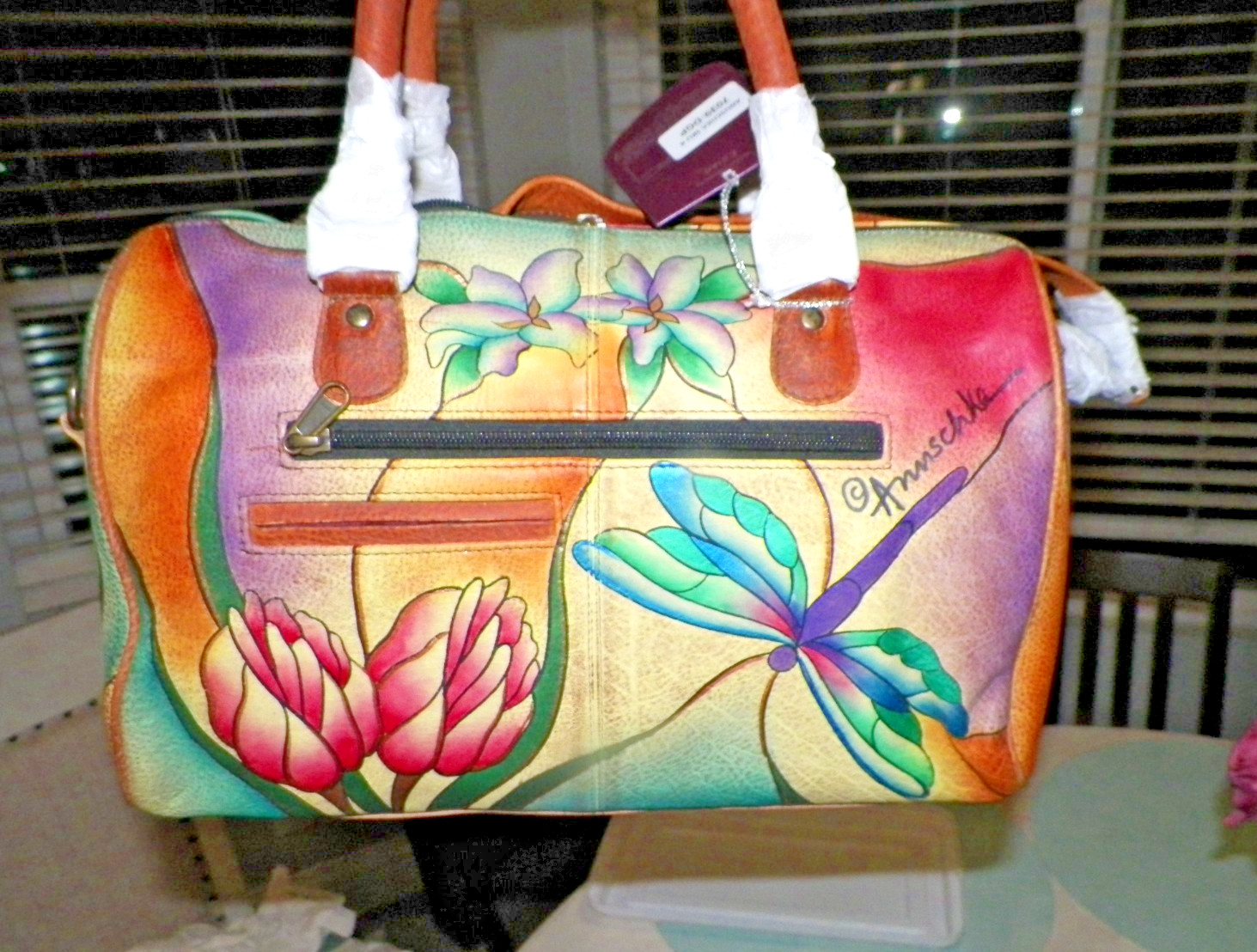 ANUSCHKA HAND PAINTED FLORAL & DRAGONFLIES PURSE NEW WITH TAGS