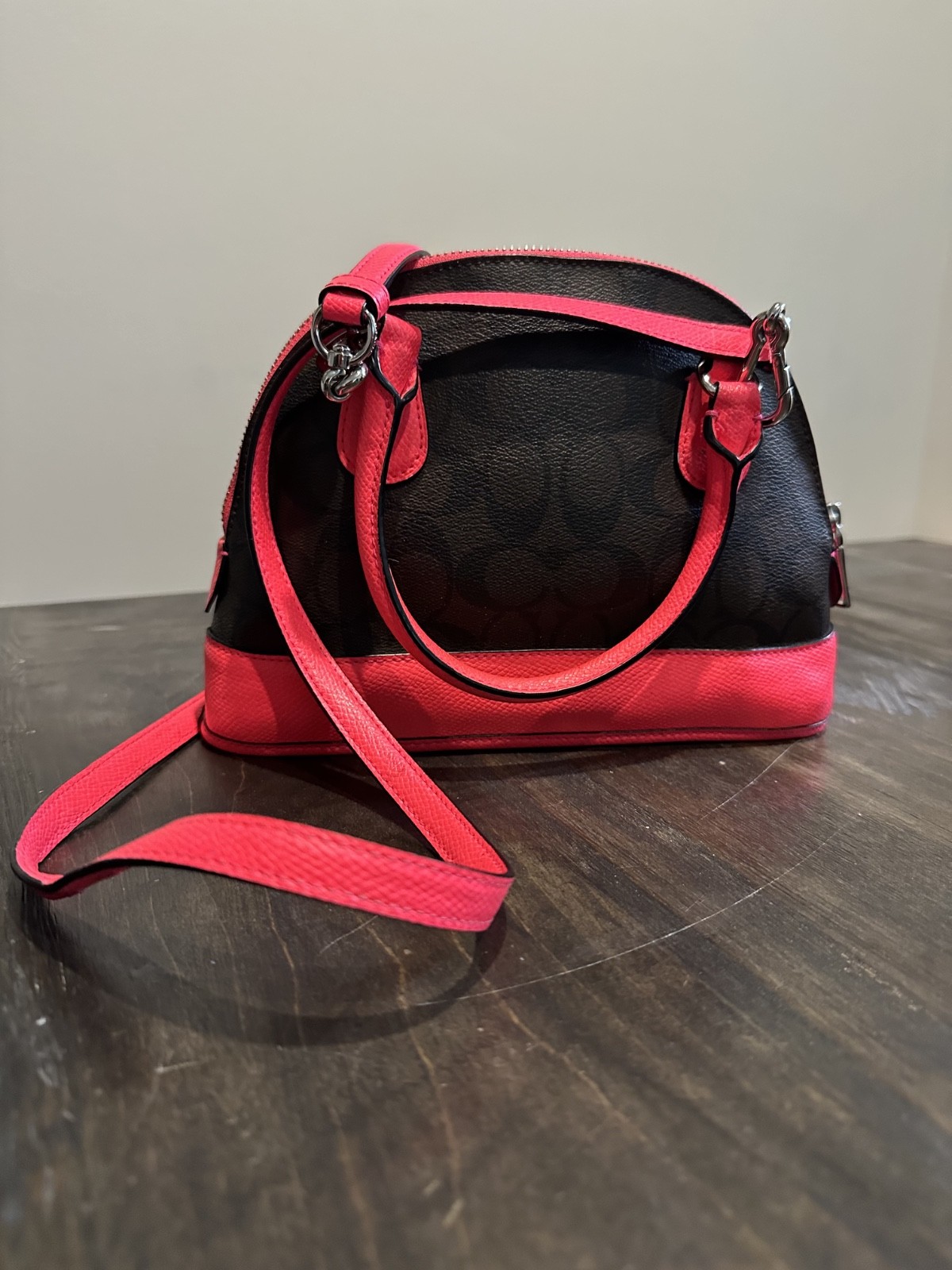Coach Mini Sierra Satchel Crossbody Purse Brown Signature Canvas Pink Trim