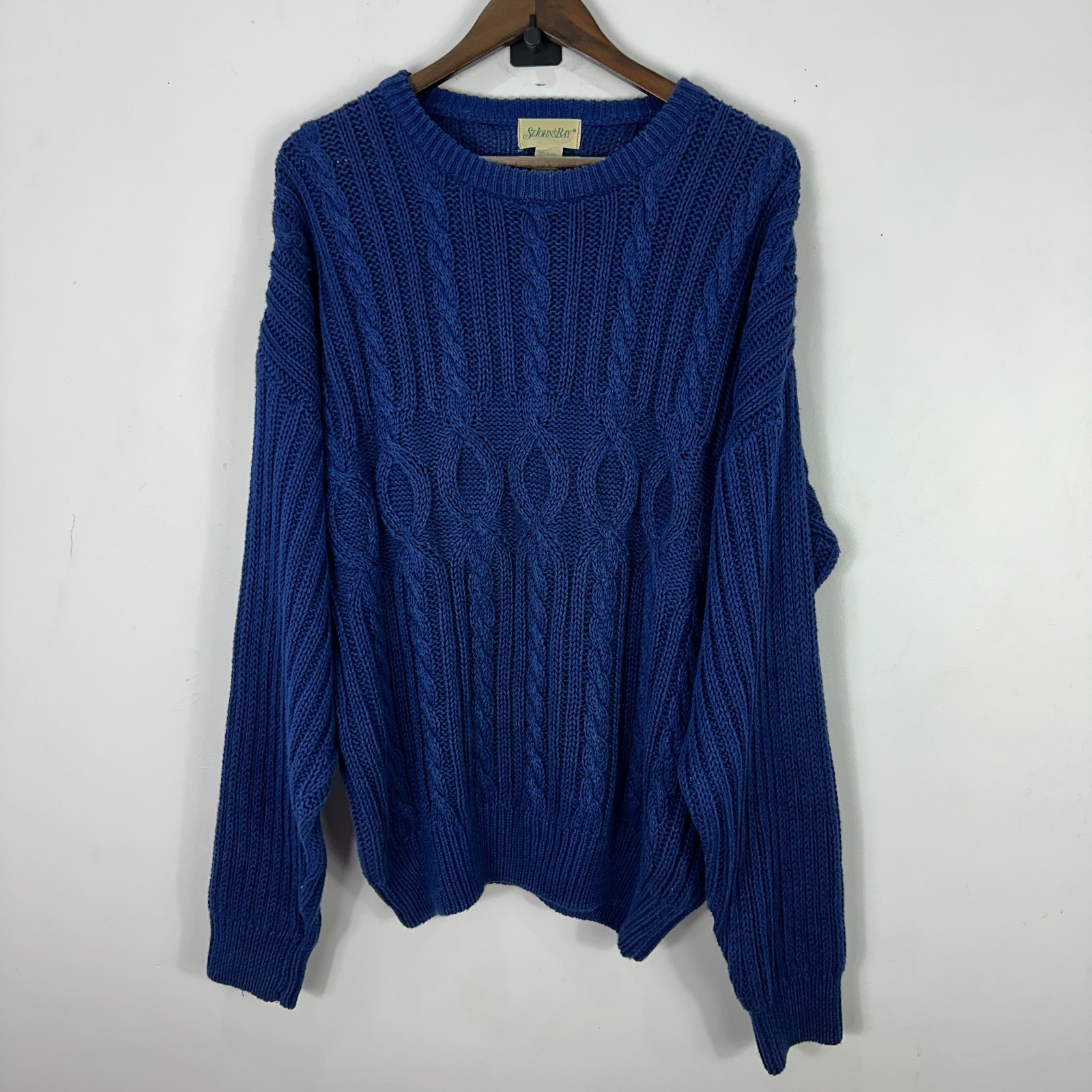 Vintage Cable Knit Sweater Mens Large St.John Bay Blue Fisherman Preppy Academia