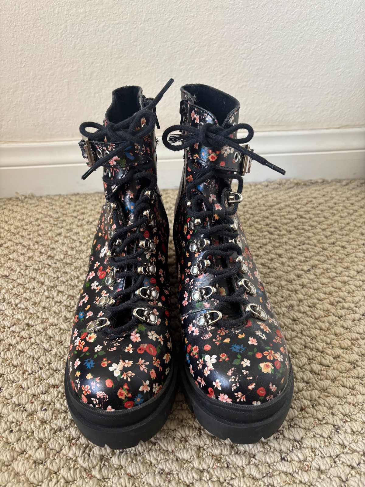 Jeffery Campbell Black Floral Lace-Up Combat Boots