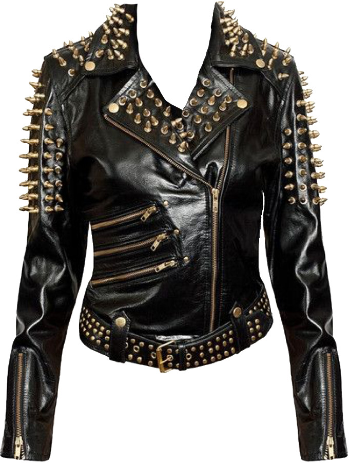 Women Black Plain Studded Leather Jacket Spike Belted Studs Zipper Brando Pocket