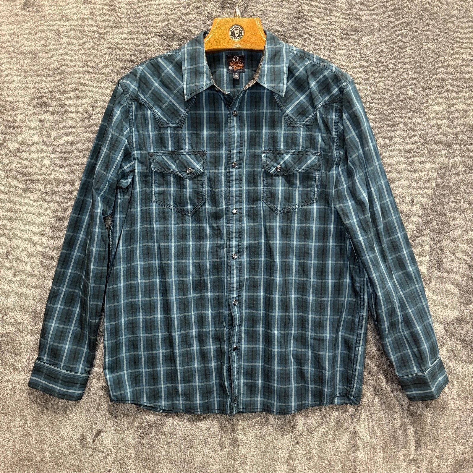 Moon Shine Spirit Shirt Mens Large Teal Plaid Western Pearl Snap Brad Paisley