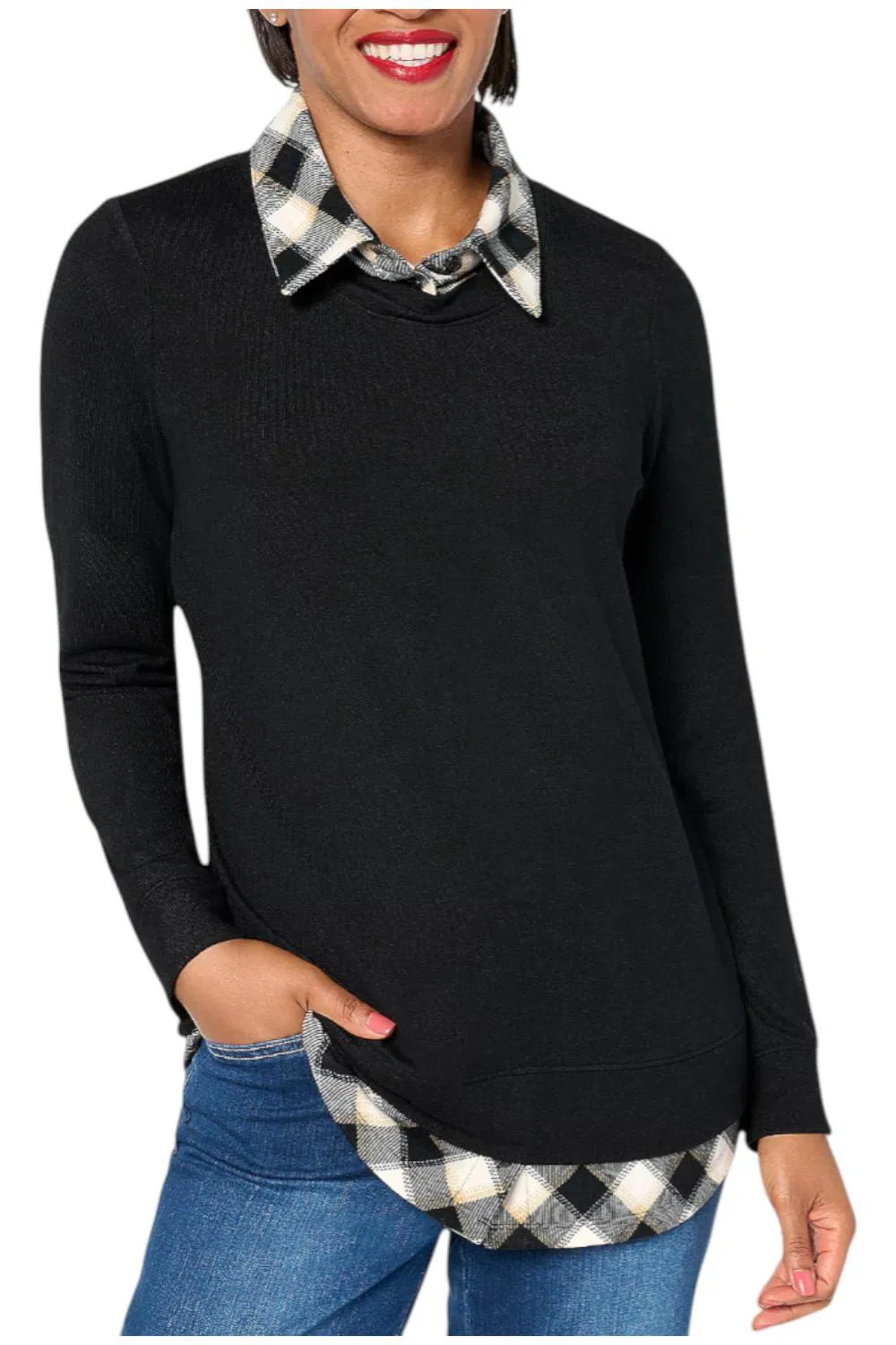 Denim & Co. Women’s Heavenly Jersey Solid/Plaid Long Sleeve Top Black