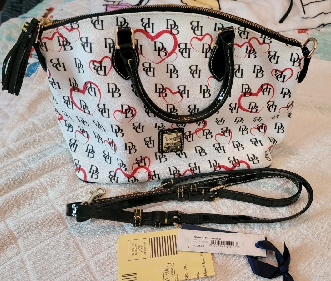 Dooney & Bourke DB Heart Print Satchel White Black Red Coated Canvas Bag