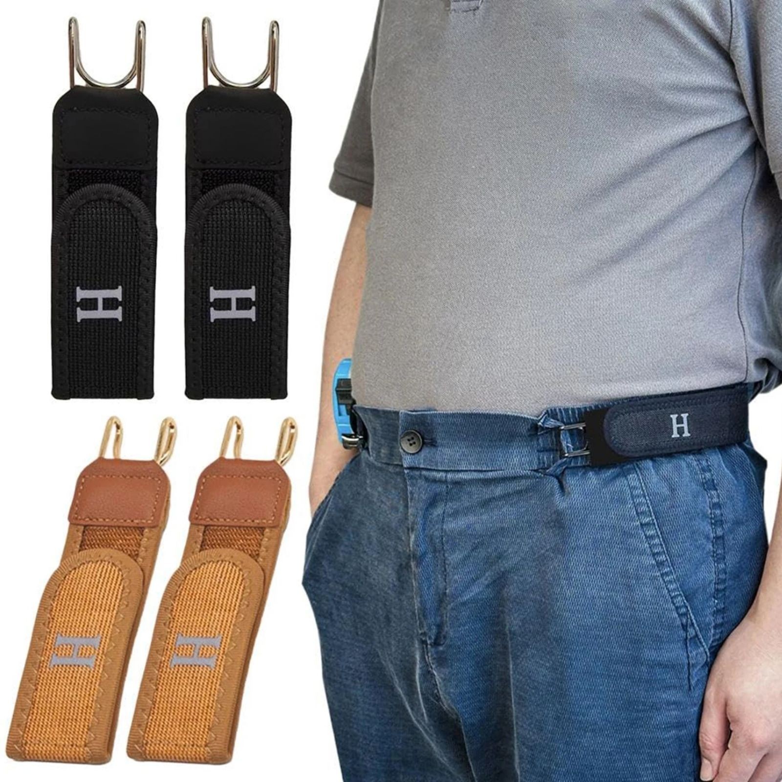 2PCS Tactical Metal Hook Elastic Belt Buckle-Less Invisible Waist Belt Closure