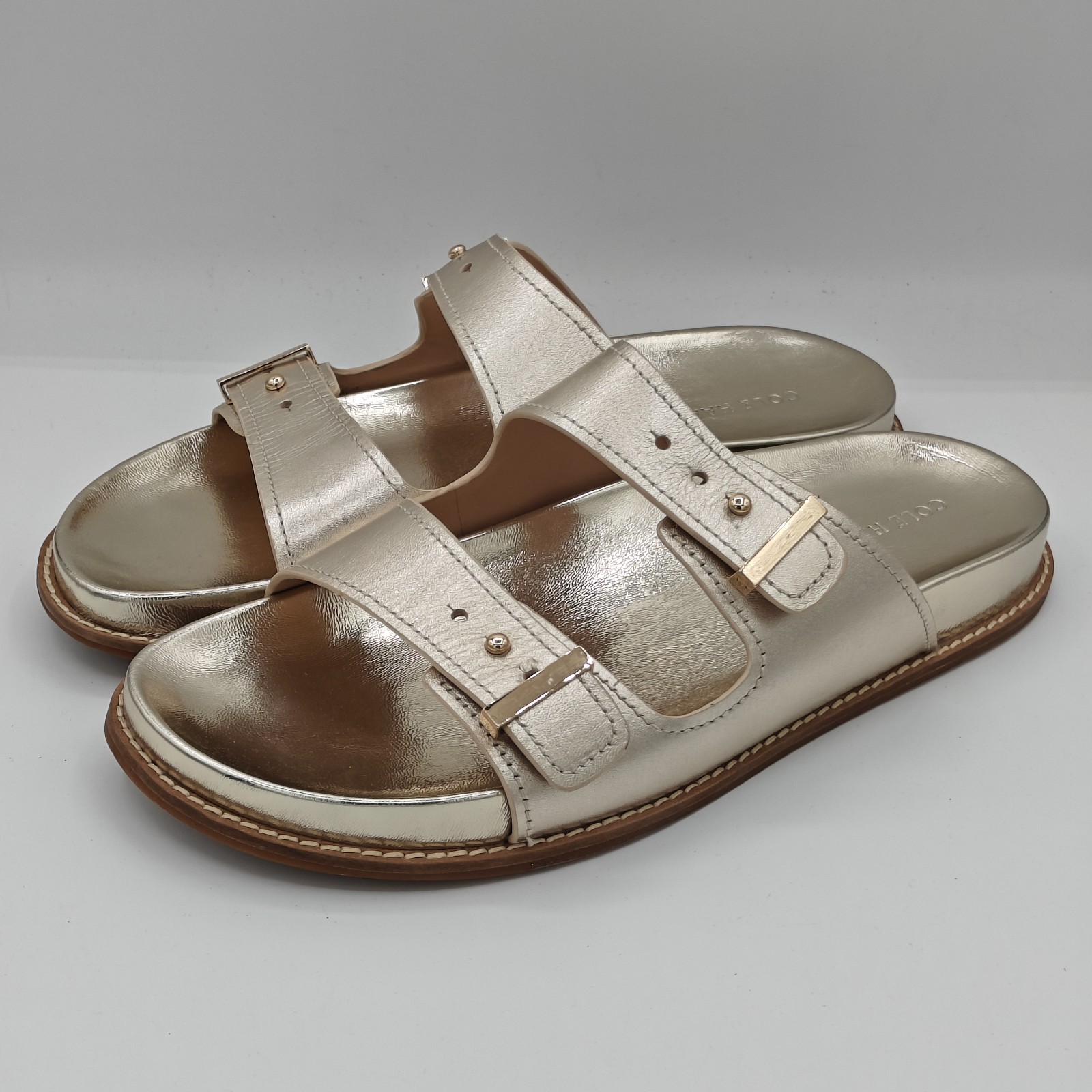Cole Haan “Marisol” Women’s Leather Adjustable Double Banded Sandals – Soft Gold