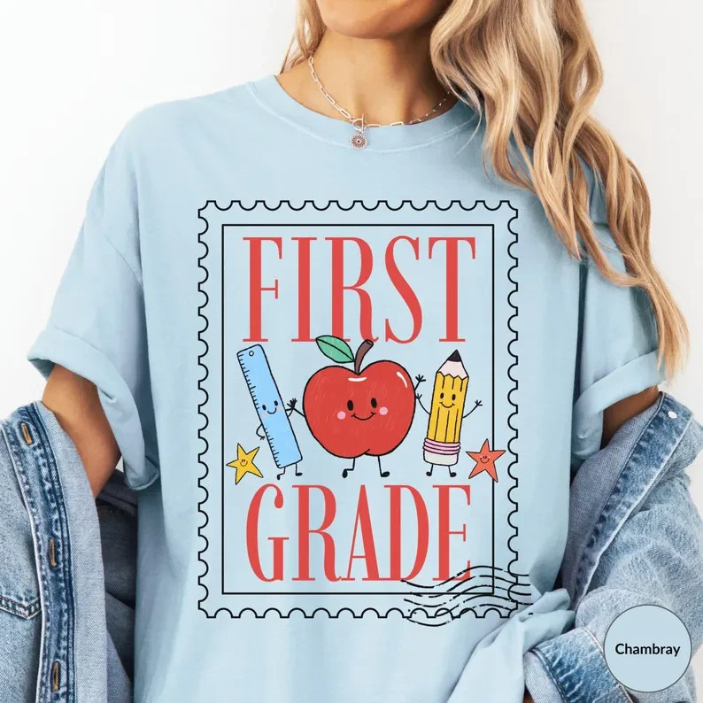 Vintage First Grade Shirt Cute Apple Pencil Postage Stamp Back To School Tee