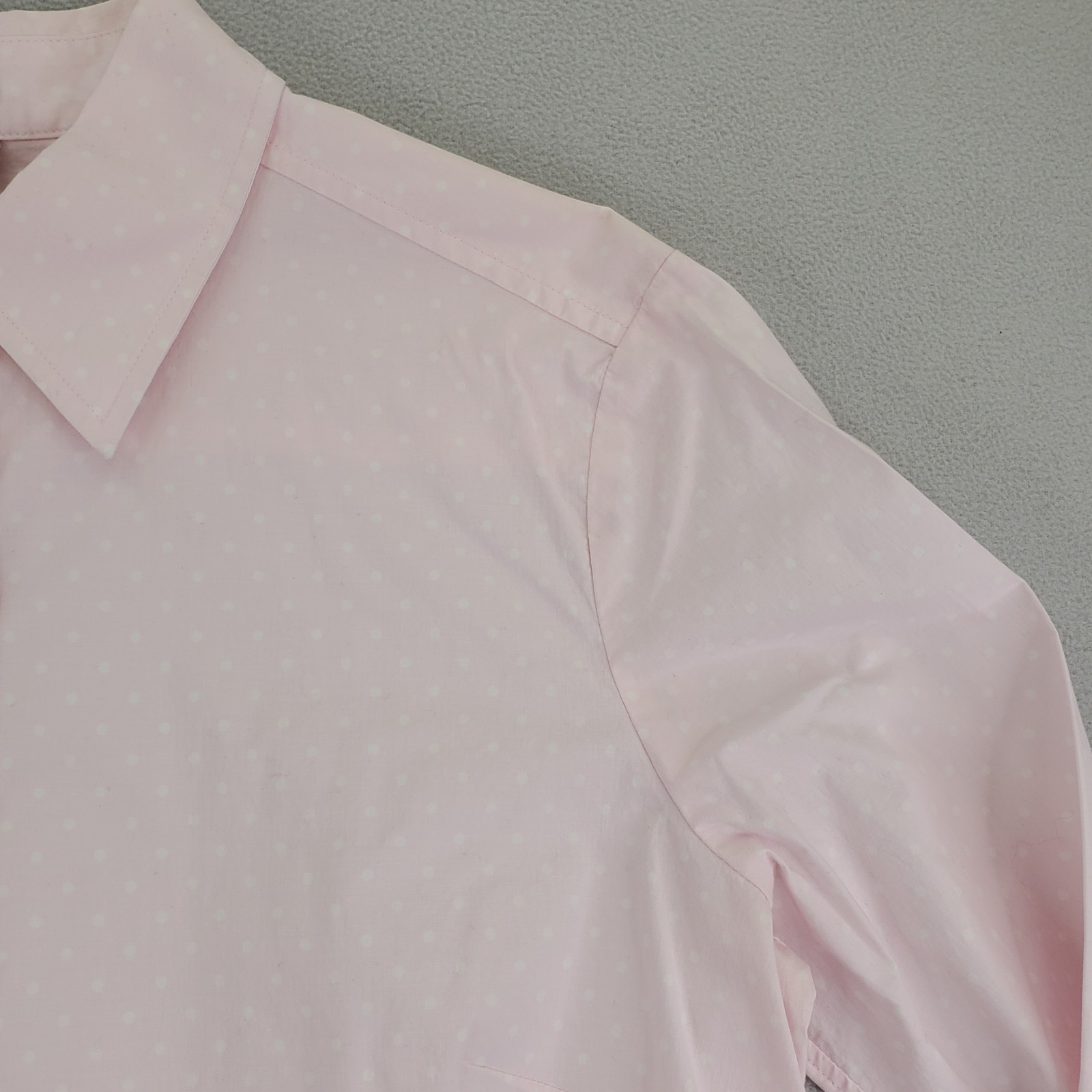 GAP Stretch Button Shirt Women L Soft Pink White Polka Dot Cotton Spandex Fitted