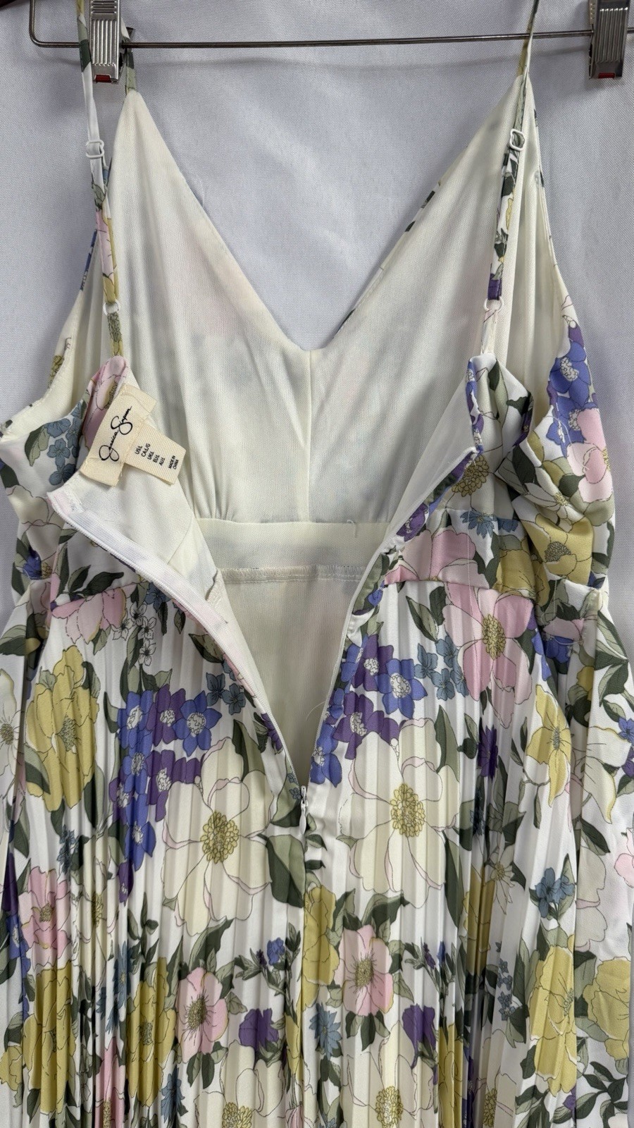 Jessica Simpson Multicolor Floral Pleated Maxi Dress V-Neck Spaghetti Strap L
