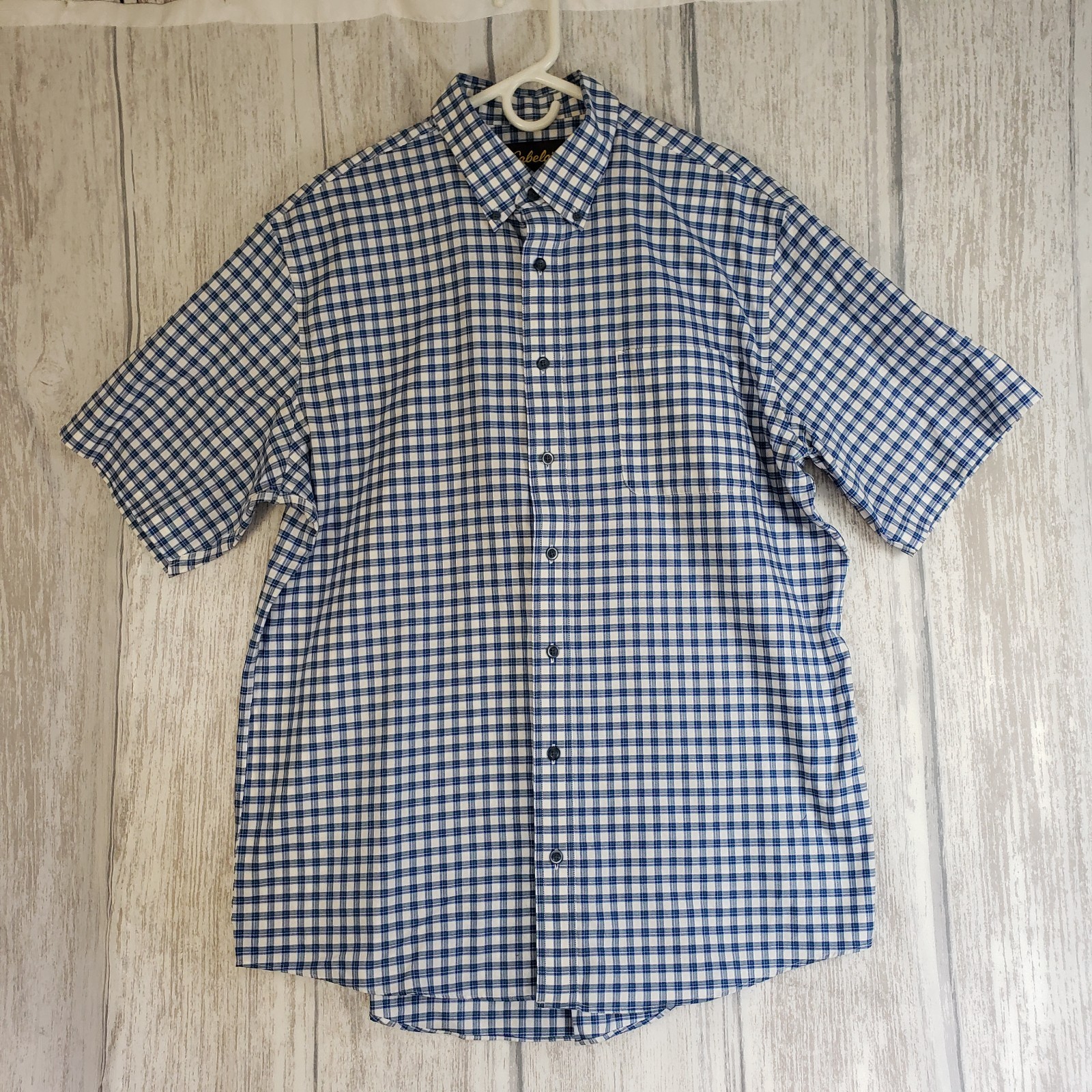 Cabela’s Short Sleeve Button Down Shirt Mens XLT TALL Blue Plaid Cotton EUC