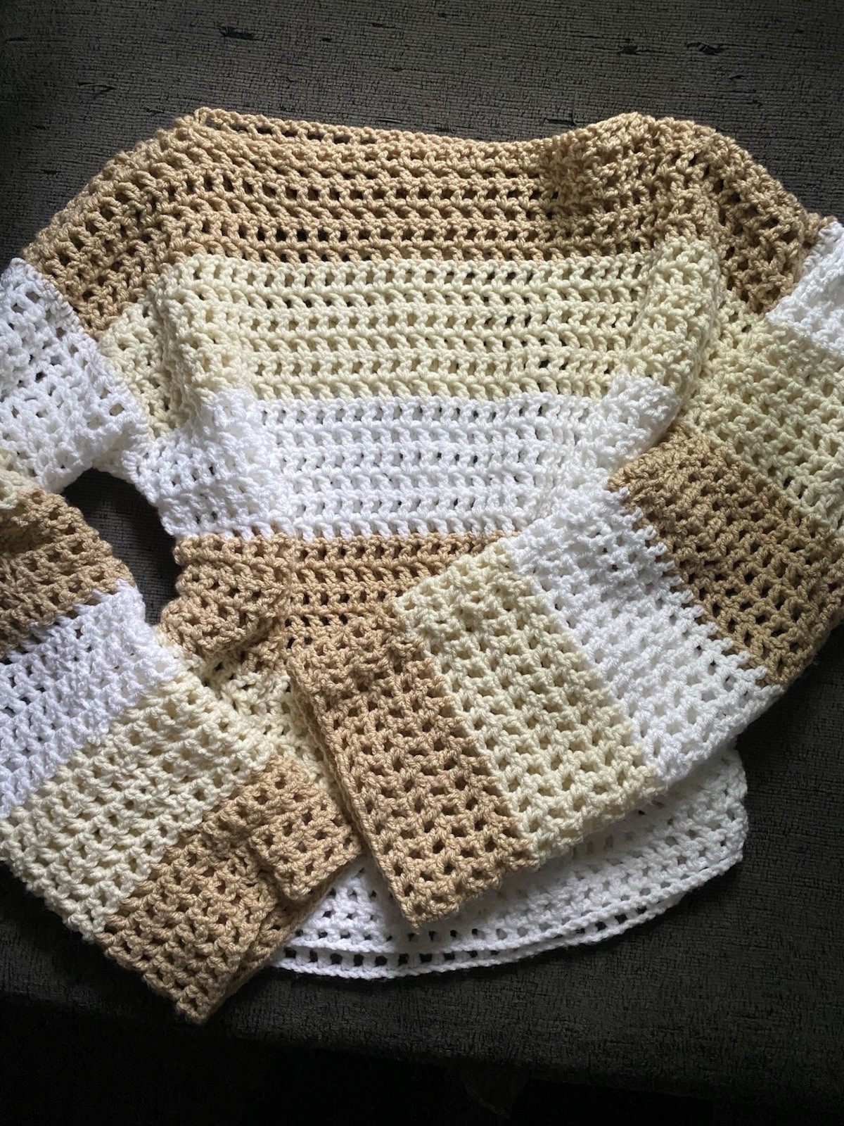 Women’s L Beige White Brown Striped Open-Knit Crochet Acrylic Pullover Sweater
